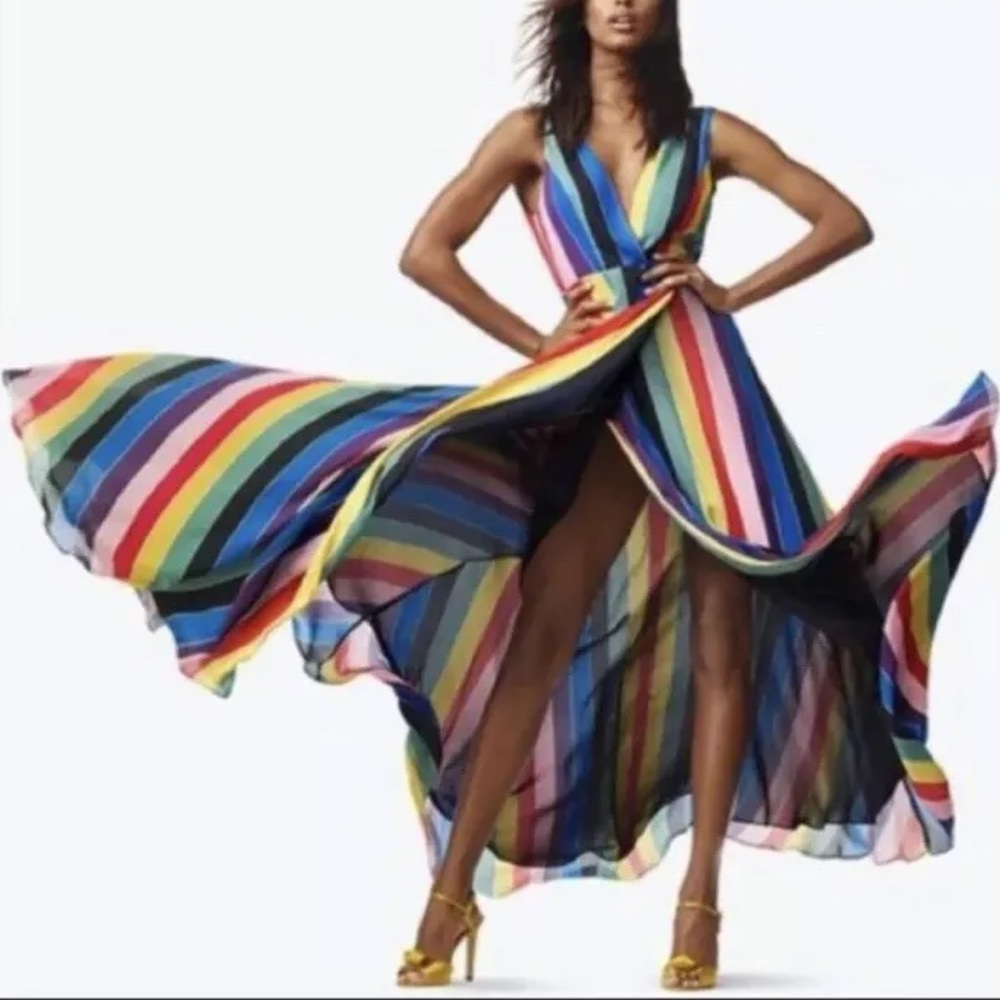 AQUA LUXE Rainbow Striped Maxi Wrap Dress 100% Bloomingdale’s Exclusive Size S.
